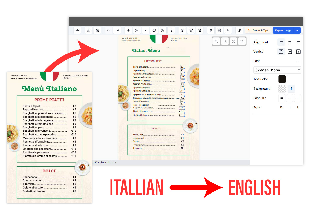 Translate a restaurant menu from Italian to English for tourists