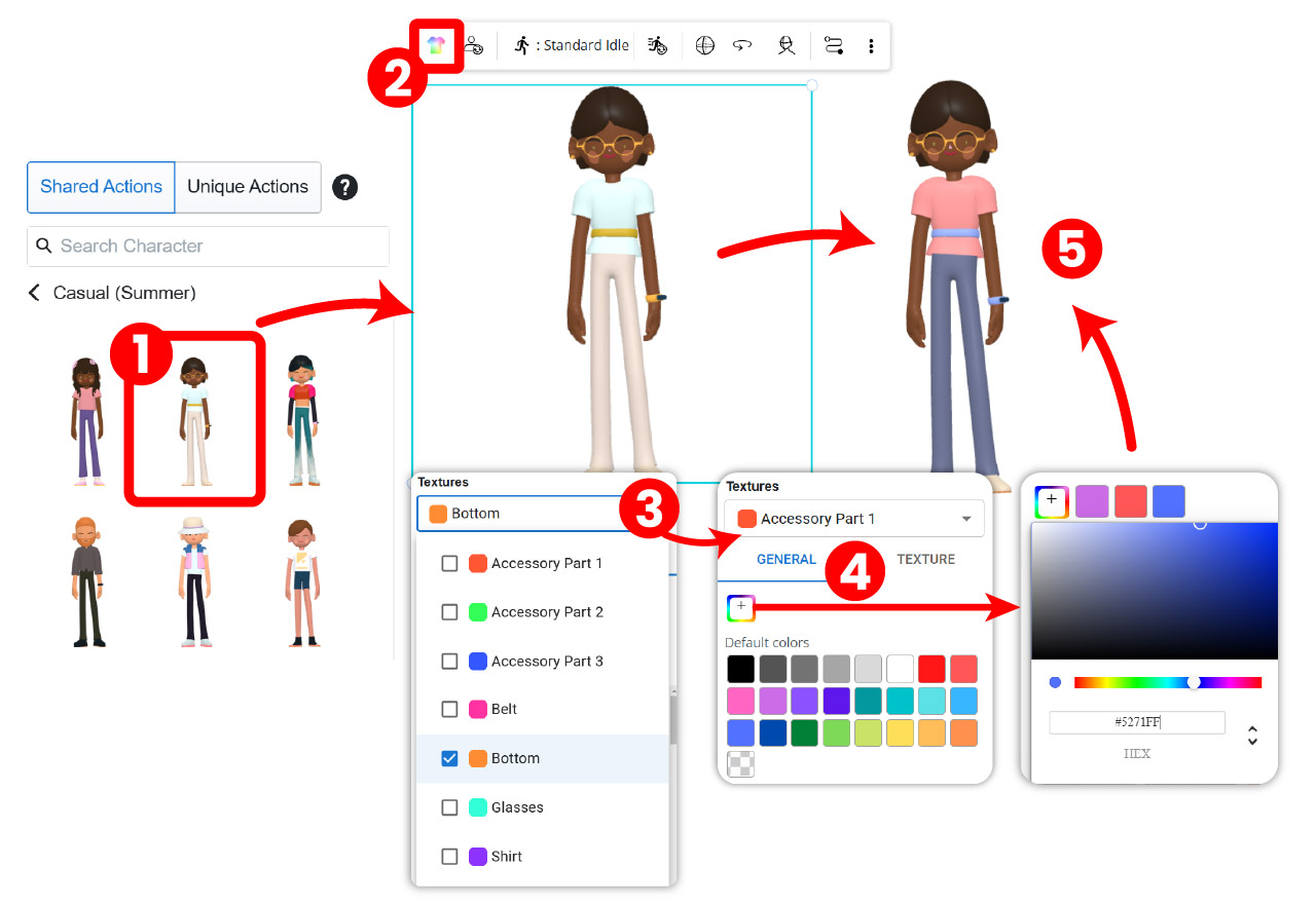 A user adjusting the clothing and texture settings of a 3D character in AniFuzion